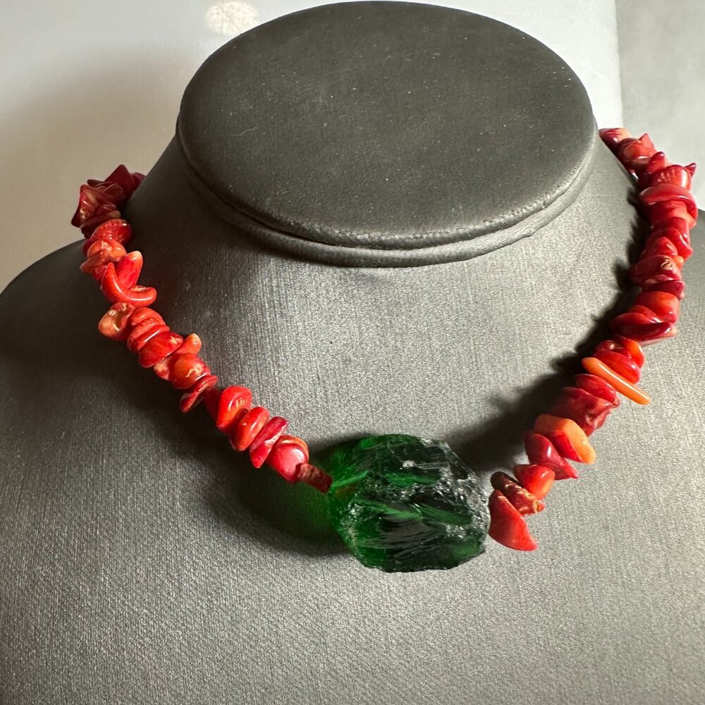 Green Sea Glass Red Coral Pendant Sterling Silver Necklace 925 Handmade Beach - Picture 2 of 11